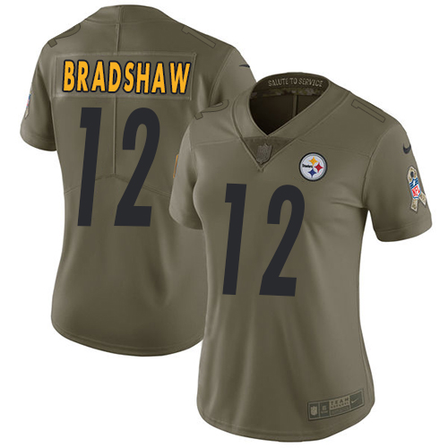 Nike Steelers #12 Terry Bradshaw Olive Women's Stitched NFL Limited Salute to Service Jersey